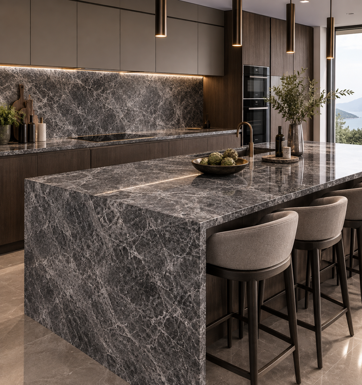Dark marble kitchen island countertop