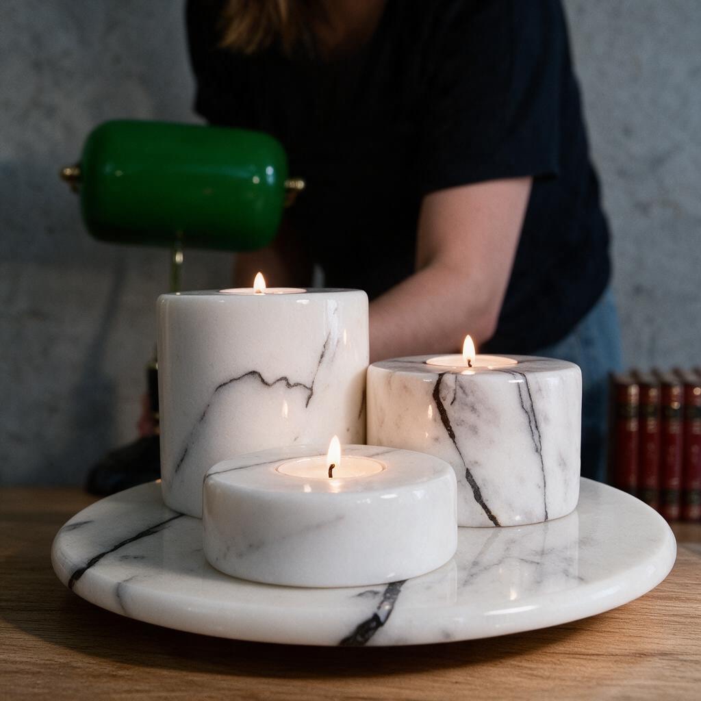 Lilac marble candle holders on a marble tray