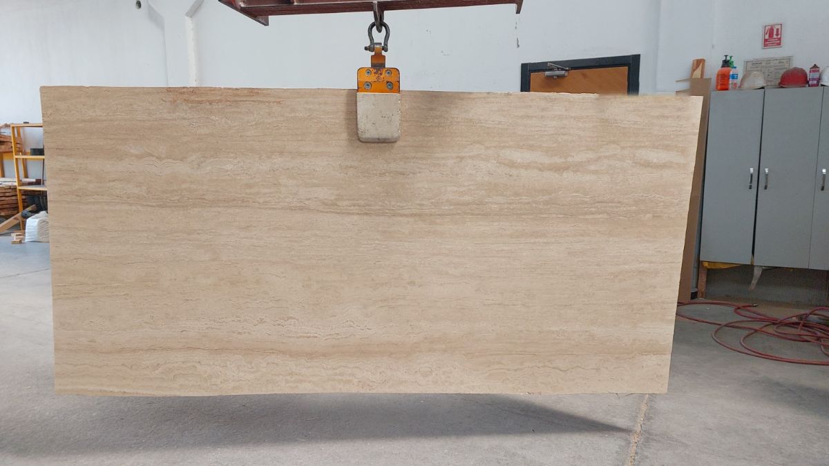 Vein cut light travertine slab