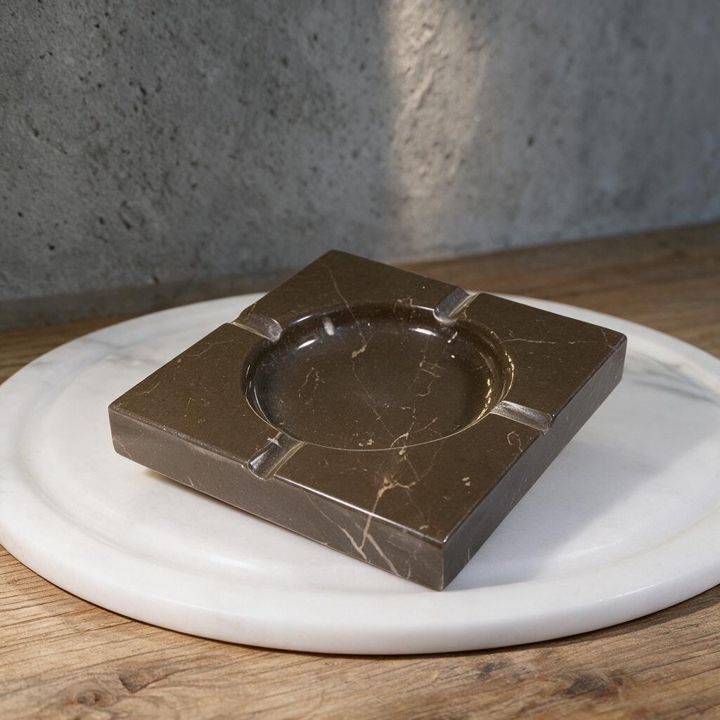 Olive Marron marble square ash tray on white marble plate