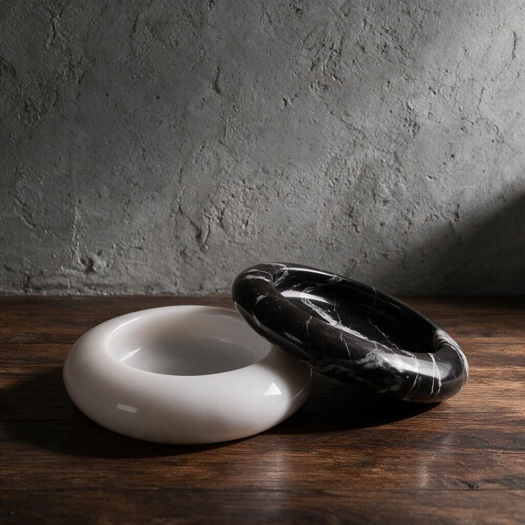 Afyon White and Alexander Black marble round ash trays