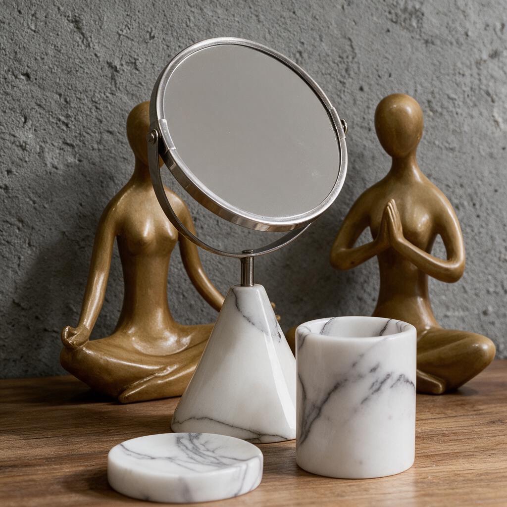 Lilac marble bathroom accessories with mirror, cup and soap dish