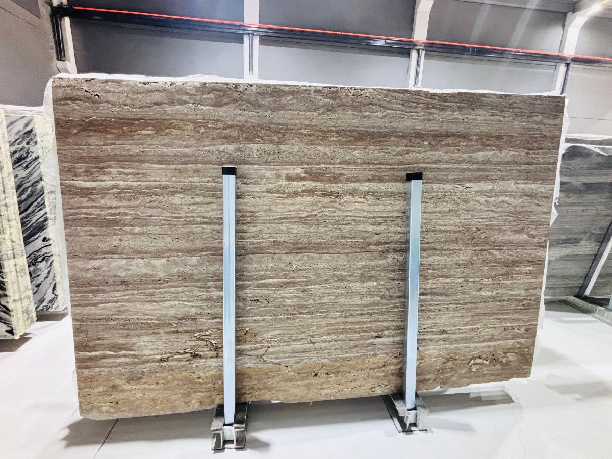 Silver travertine vein cut slab