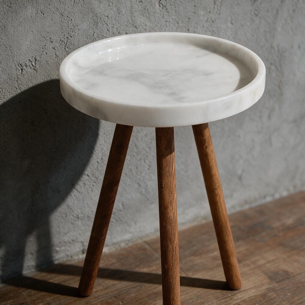 Afyon White marble round side table with wooden legs