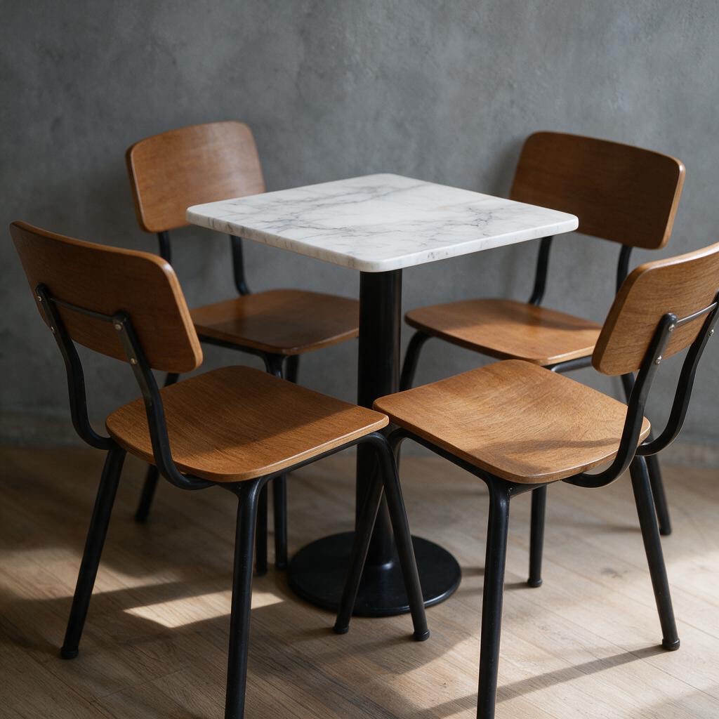 Afyon White marble cafe table with wooden chairs