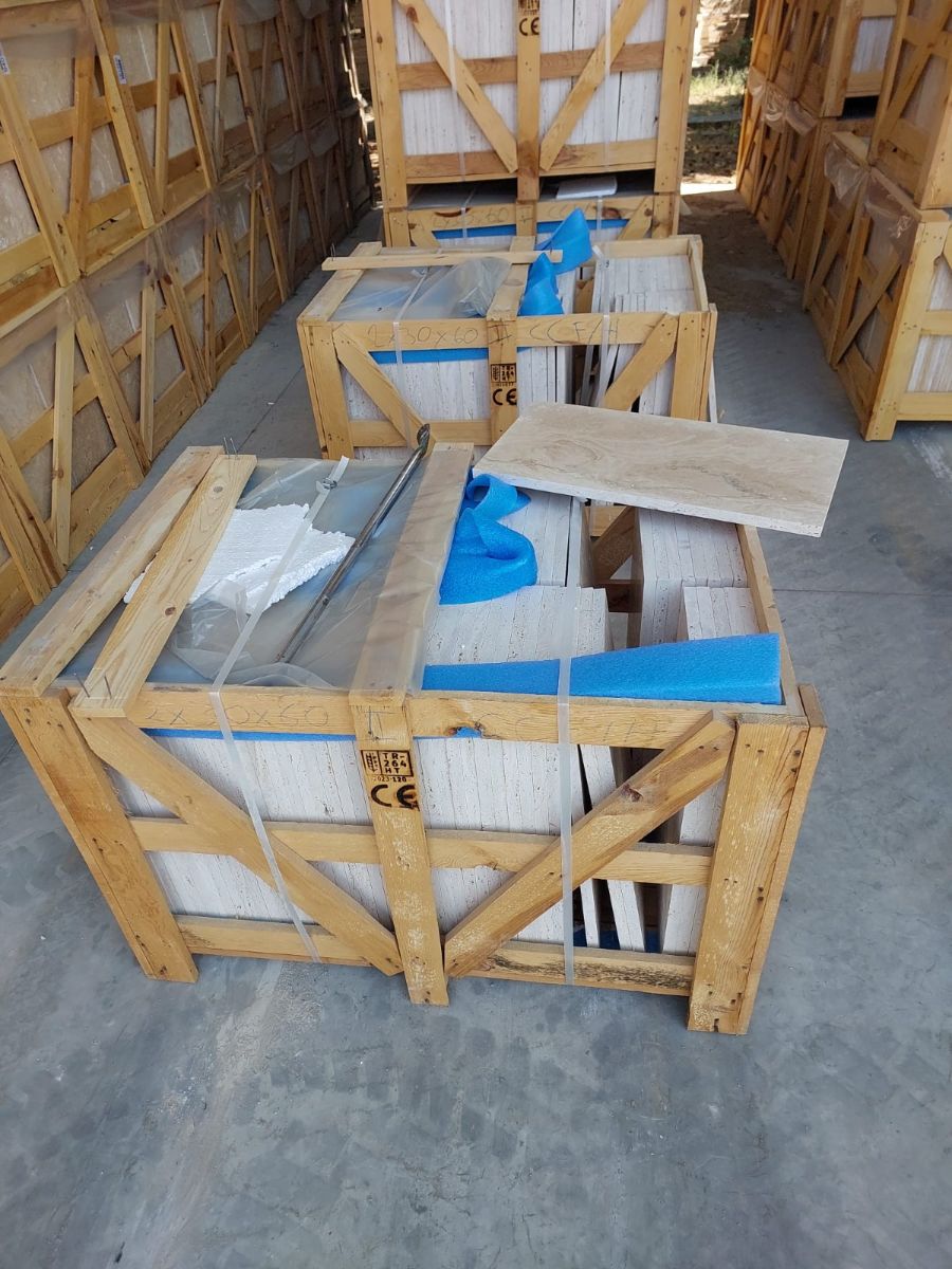 Travertine tiles packed in wooden export crates